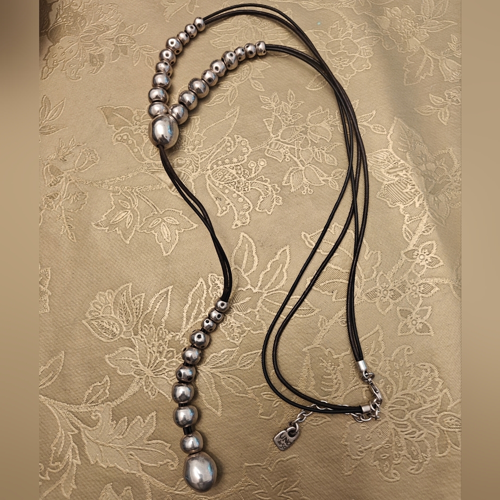 RARE Southwestern Style Uno De 50 Silver Pearls Ball Beads Leather Necklace